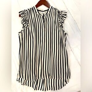 Frame luxury silk top, black and white stripe with flutter sleeve.